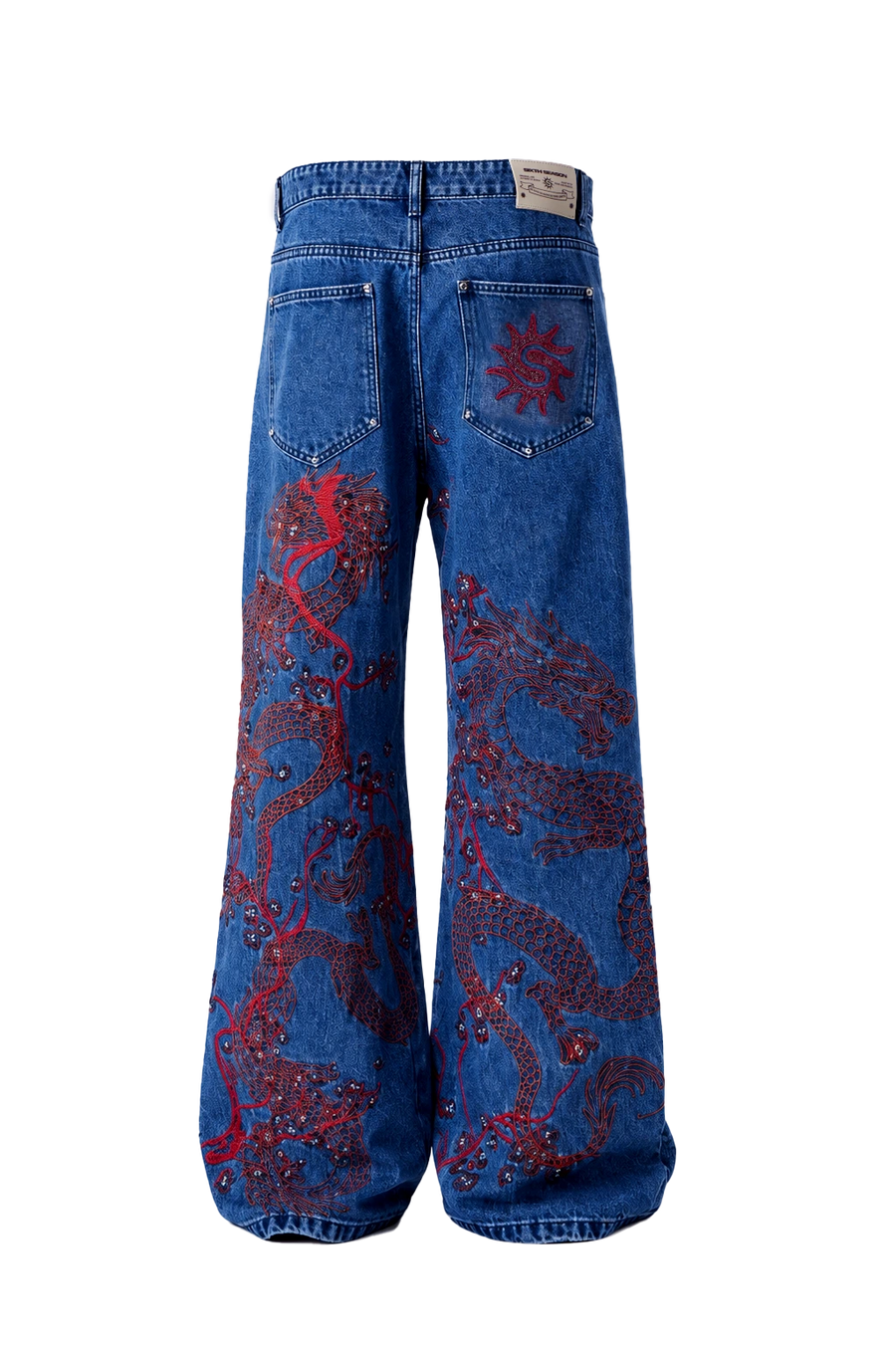 Blue denim jeans with red dragon embroidery and rhinestone embellishments, shown from the back on a white background.