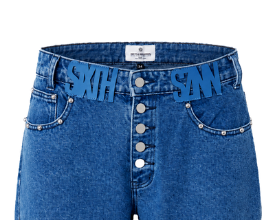 Close-up of a pair of blue denim shorts with a button-front fly, side pockets, and large blue 'SIXTH SZNN' letter patches across the waistband.